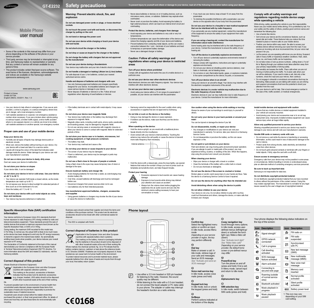 Samsung GT-E2232 user manual Phone layout 