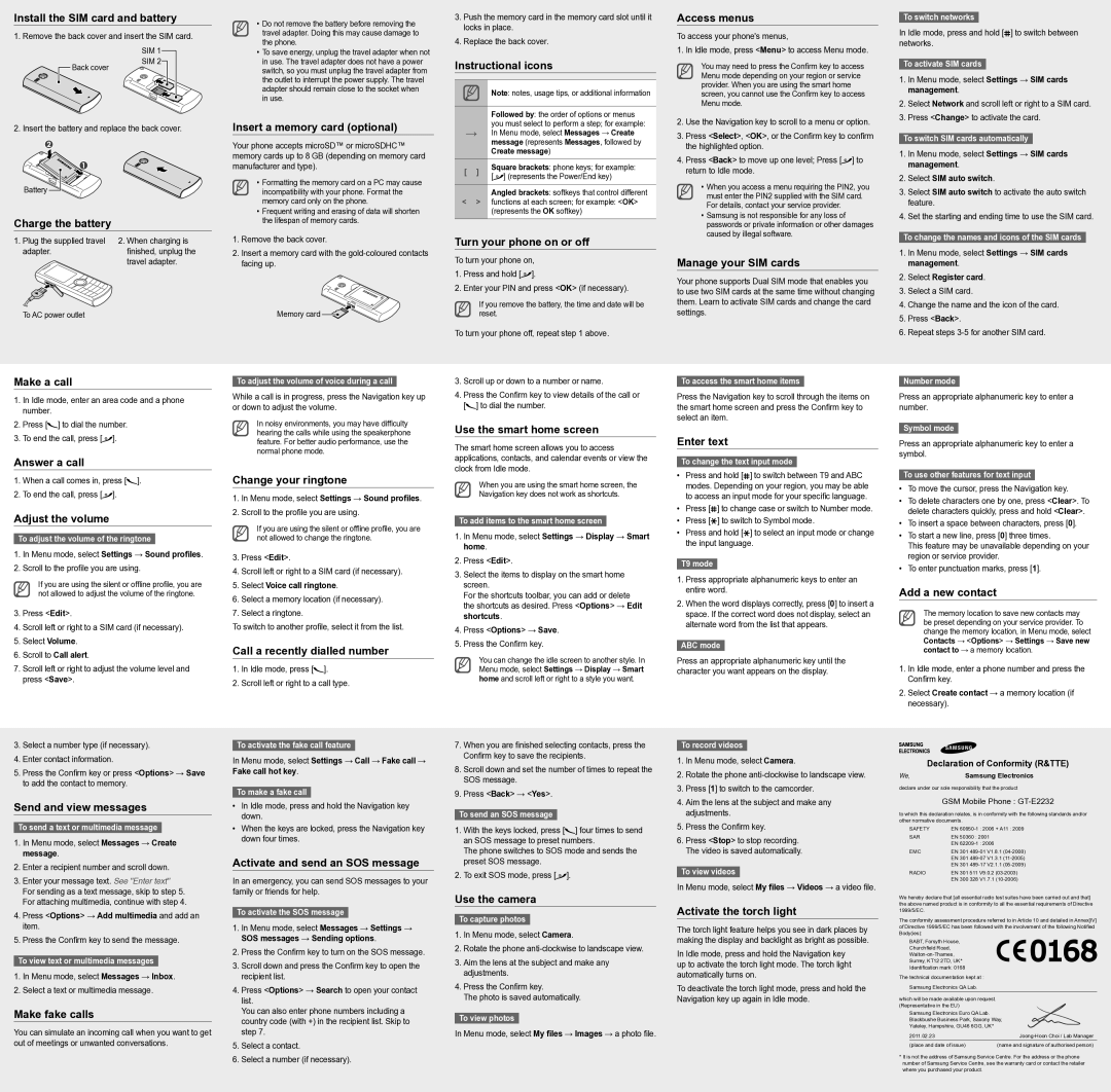 Samsung GT-E2232 Install the SIM card and battery, Access menus, Instructional icons, Charge the battery, Make a call 