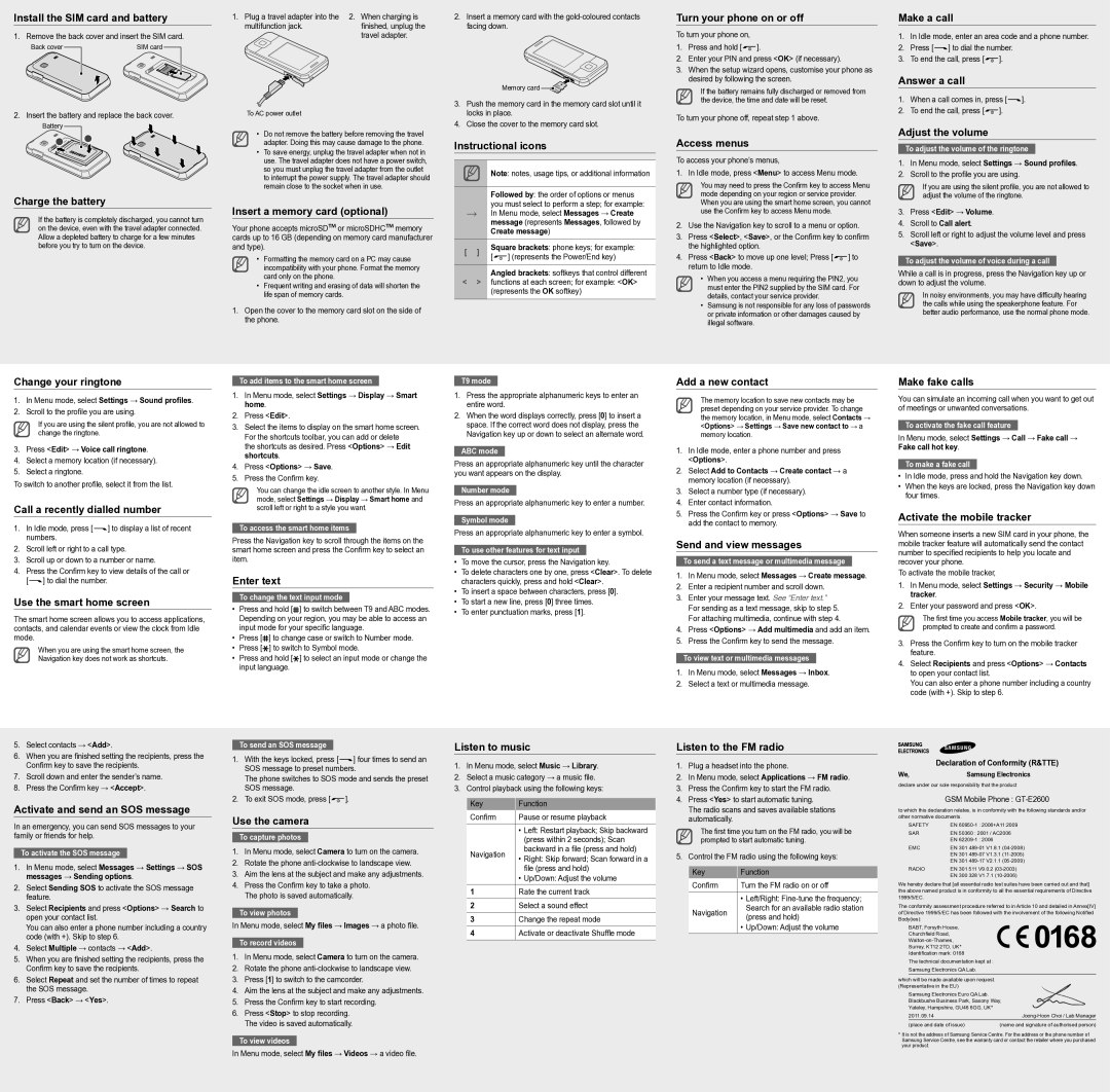 Samsung GT-E2600 Install the SIM card and battery, Turn your phone on or off, Make a call, Charge the battery, Enter text 