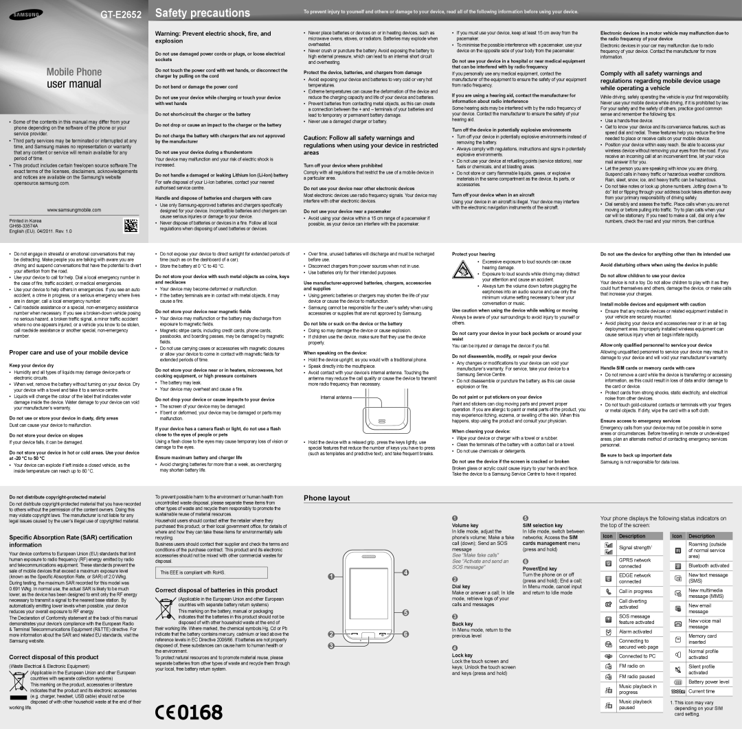 Samsung GT-E2652DKASER, GT-E2652CWASER manual Phone layout 