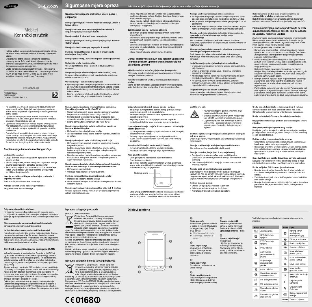 Samsung GT-E2652SIWTRA, GT-E2652CWWTRA, GT-E2652DKWTRA manual Dijelovi telefona 