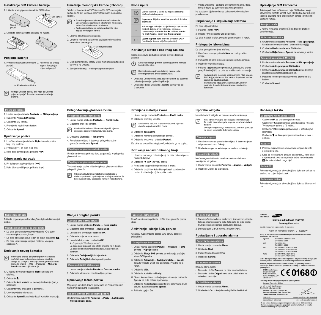 Samsung GT-E2652DKWTRA manual Instaliranje SIM kartice i baterije, Umetanje memorijske kartice izborno, Ikone uputa 