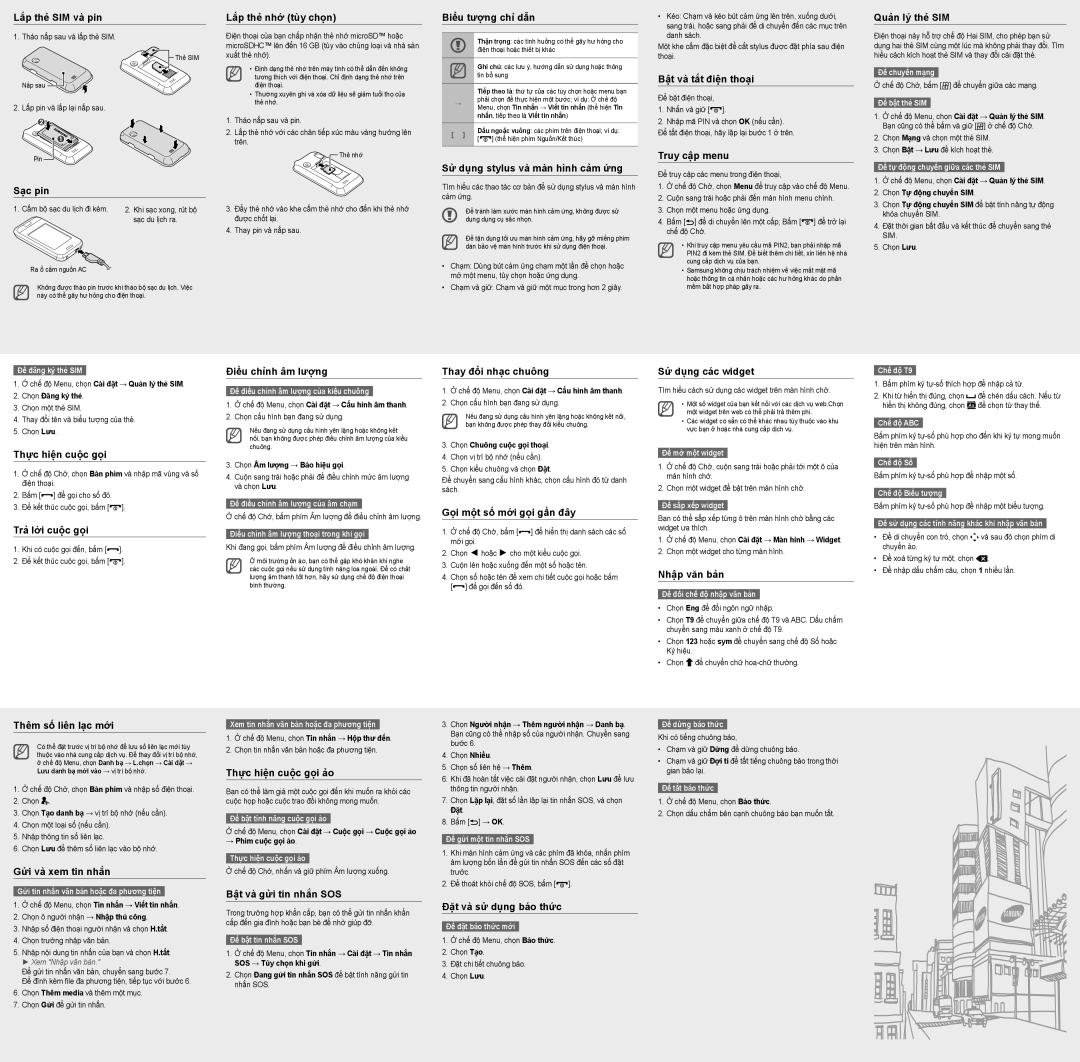 Samsung GT-E2652CWWXXV manual Lắp thẻ SIM và pin, Sạc pin, Lăp the nhơ tùy chọn, Biểu tượng chỉ̉ dẫn, Bật và tắt điện thoại 