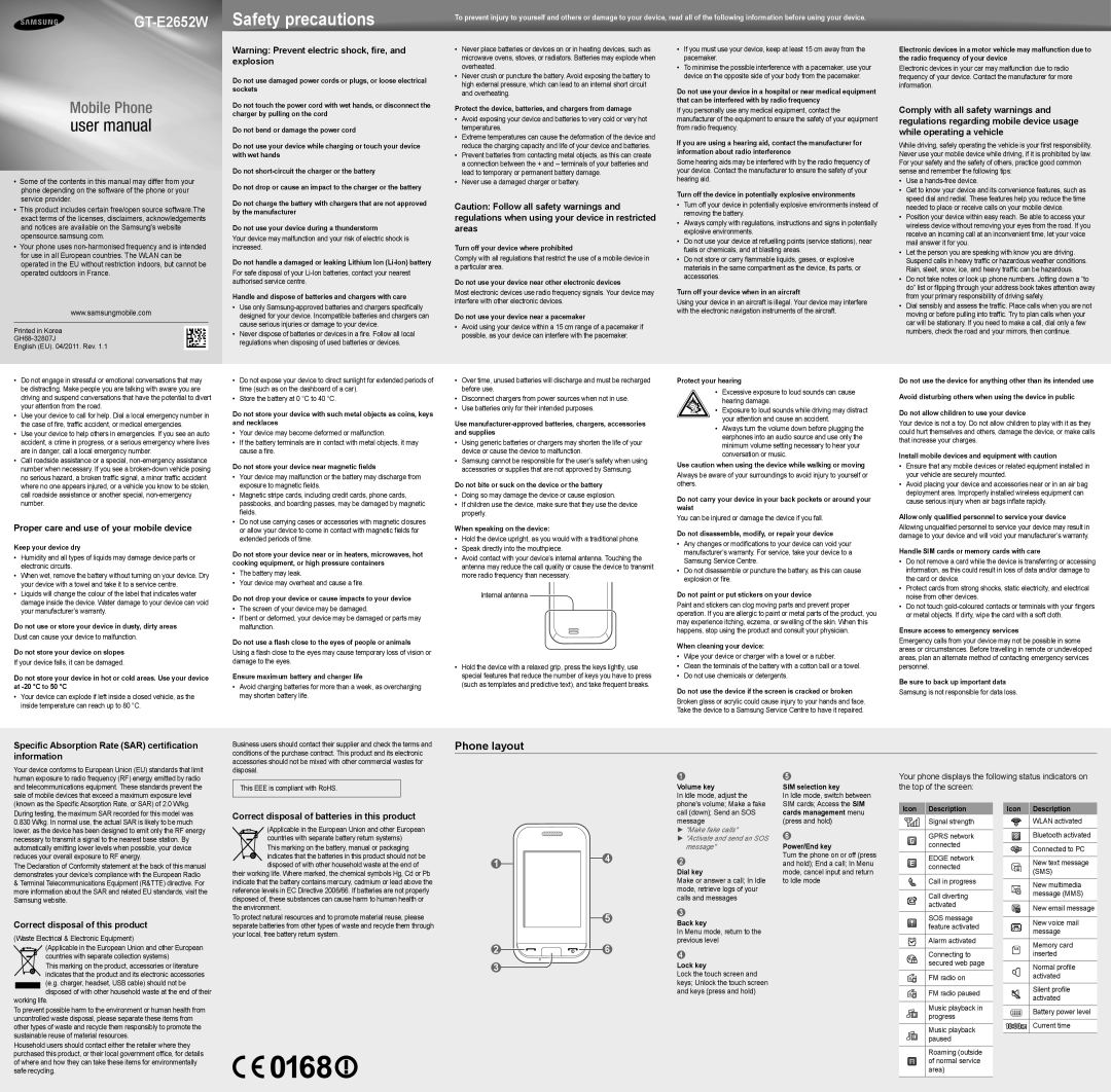 Samsung GT-E2652CWWCIT, GT-E2652DKWCIT, GT-E2652DKWBGL, GT-E2652DKWXSO, GT-E2652CWWTRA, GT-E2652SIWTRA manual Phone layout 