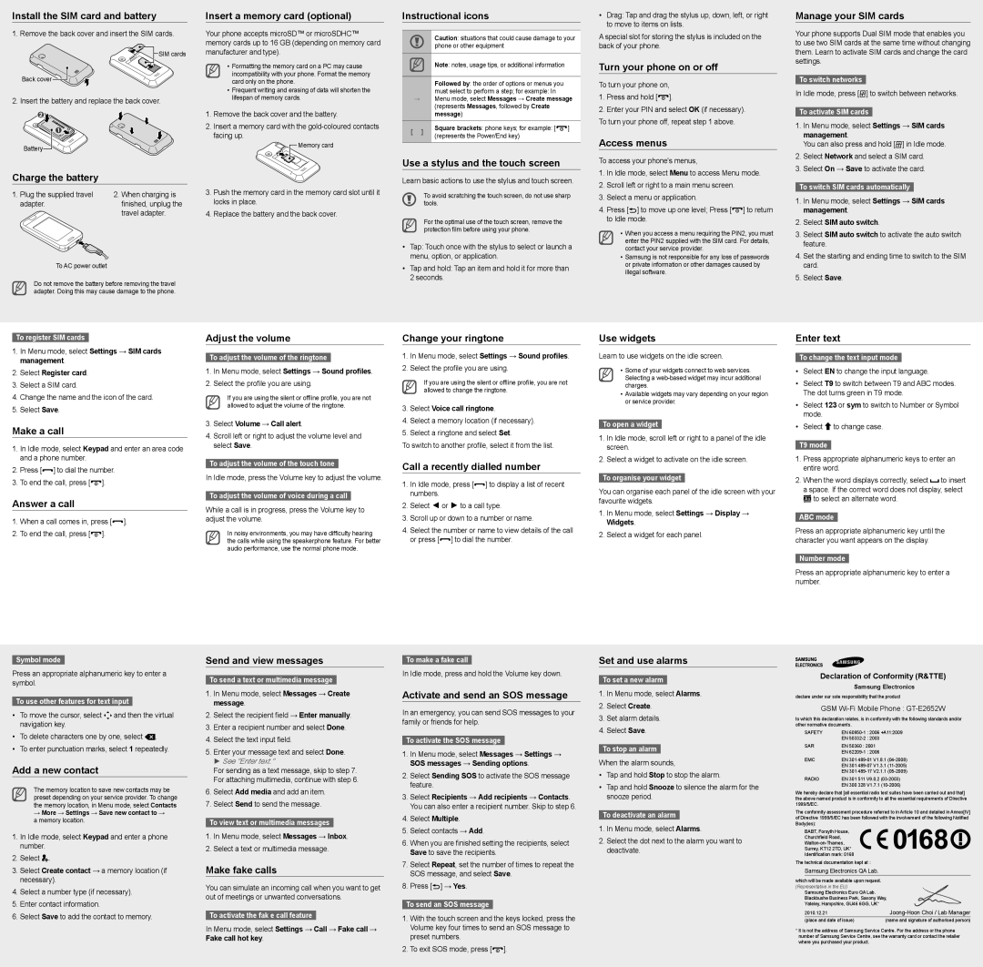 Samsung GT-E2652DKWBGL Install the SIM card and battery, Charge the battery, Insert a memory card optional, Access menus 