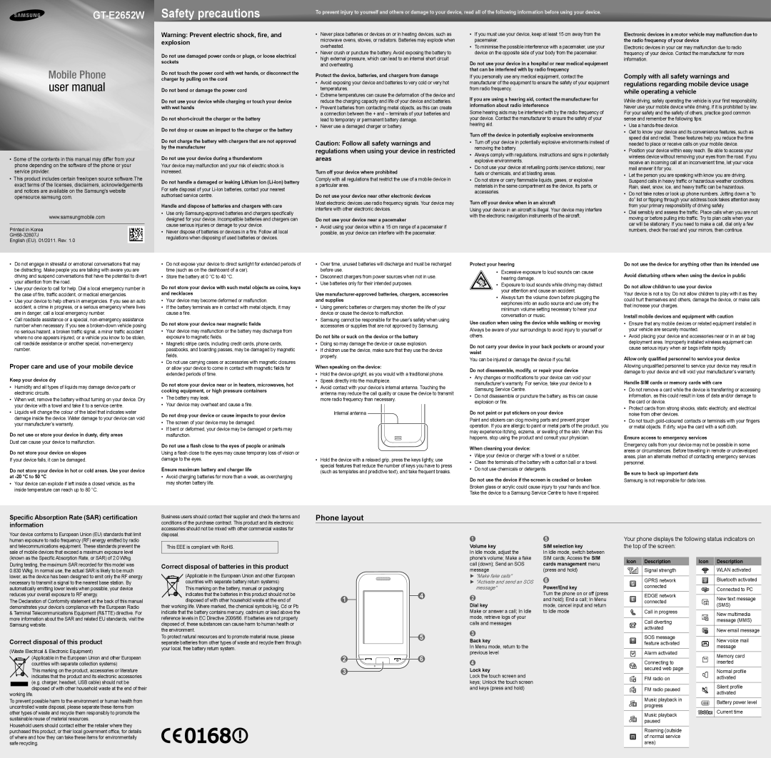 Samsung GT-E2652SIWTMC, GT-E2652DKWJED, GT-E2652SIWXSG, GT-E2652CWWJED, GT-E2652CWWKSA, GT-E2652DKWEGY manual Phone layout 