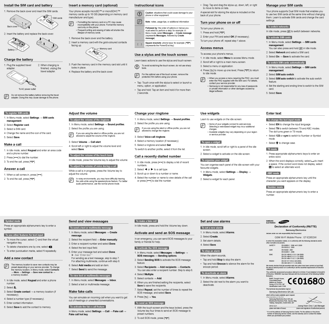 Samsung GT-E2652SIWXSG Install the SIM card and battery, Charge the battery, Insert a memory card optional, Access menus 