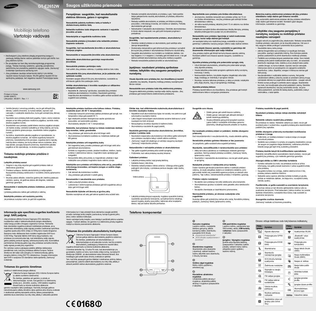 Samsung GT-E2652DKWSEB manual Telefono komponentai 