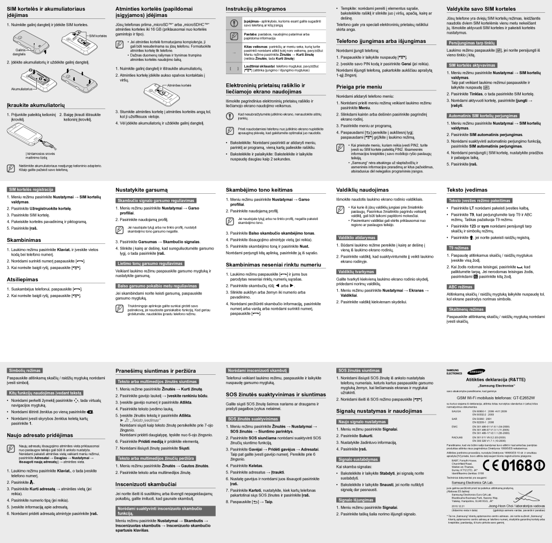 Samsung GT-E2652DKWSEB manual SIM kortelės ir akumuliatoriaus įdėjimas, Įkraukite akumuliatorių, Instrukcijų piktogramos 