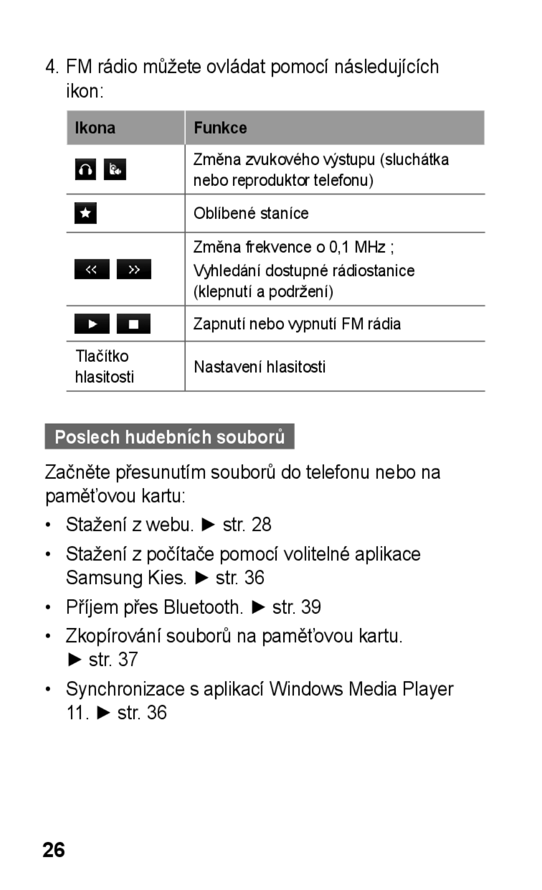 Samsung GT-E2652DKWXEZ manual FM rádio můžete ovládat pomocí následujících ikon, Poslech hudebních souborů, Ikona Funkce 