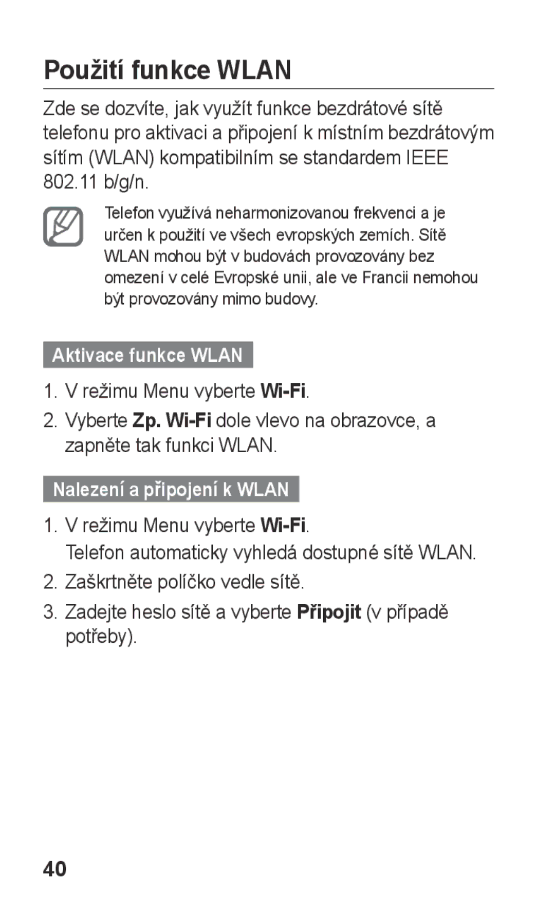 Samsung GT-E2652CWWXSK manual Použití funkce Wlan, 802.11 b/g/n, Aktivace funkce Wlan, Nalezení a připojení k Wlan 