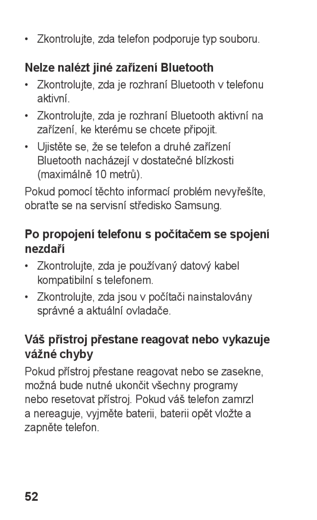 Samsung GT-E2652CWWXSK manual Zkontrolujte, zda telefon podporuje typ souboru, Nelze nalézt jiné zařízení Bluetooth 