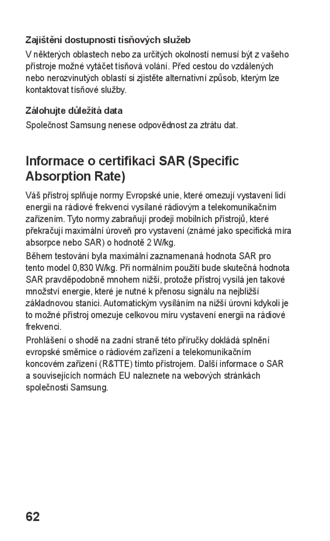 Samsung GT-E2652DKWXEZ manual Informace o certifikaci SAR Specific Absorption Rate, Zajištění dostupnosti tísňových služeb 
