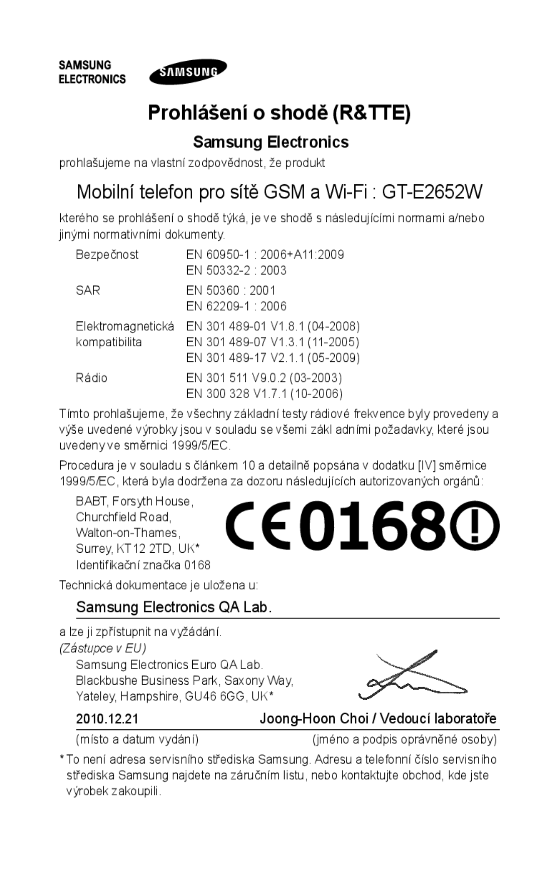 Samsung GT-E2652CWWXSK, GT-E2652DKWXEZ, GT-E2652DKWXSK manual Prohlášení o shodě R&TTE, Samsung Electronics 