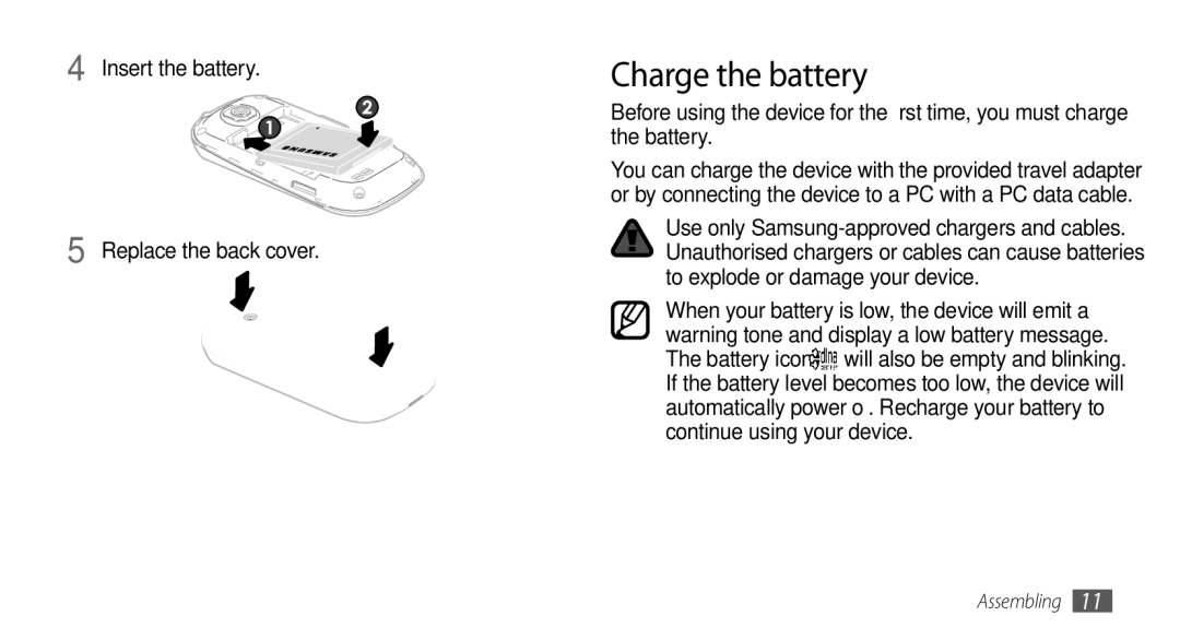 Samsung GT-I5500 user manual Charge the battery, Insert the battery Replace the back cover 