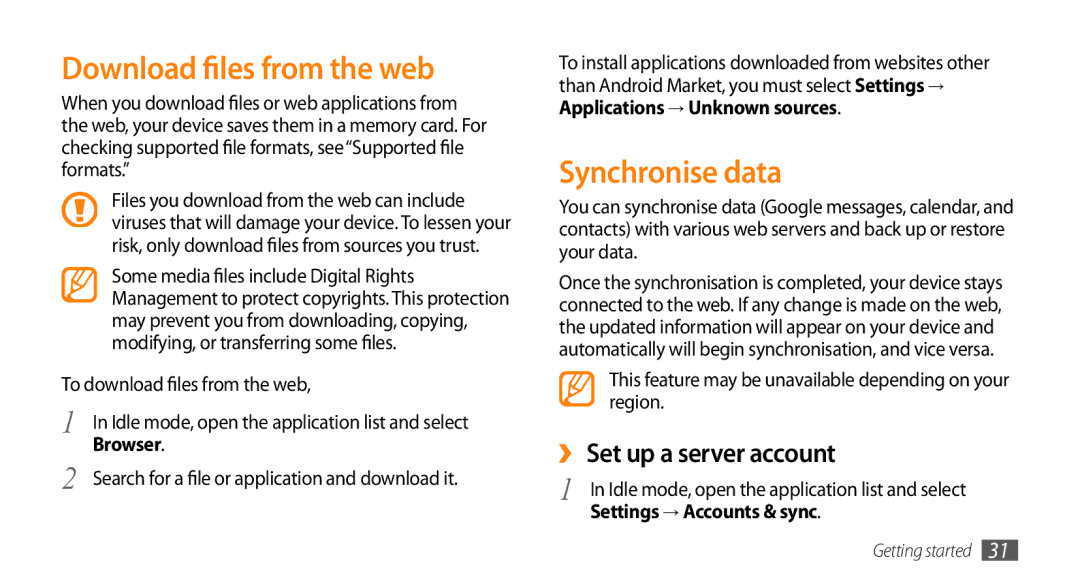 Samsung GT-I5500 user manual Download files from the web, Synchronise data, ›› Set up a server account, Browser 