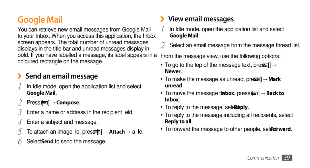 Samsung GT-I5500 user manual Google Mail, ›› Send an email message, ›› View email messages 