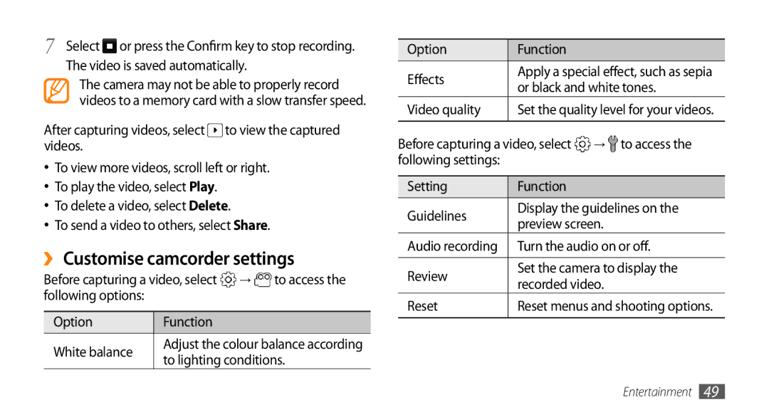 Samsung GT-I5500 ›› Customise camcorder settings, Option Function Effects, Video quality, Turn the audio on or off 