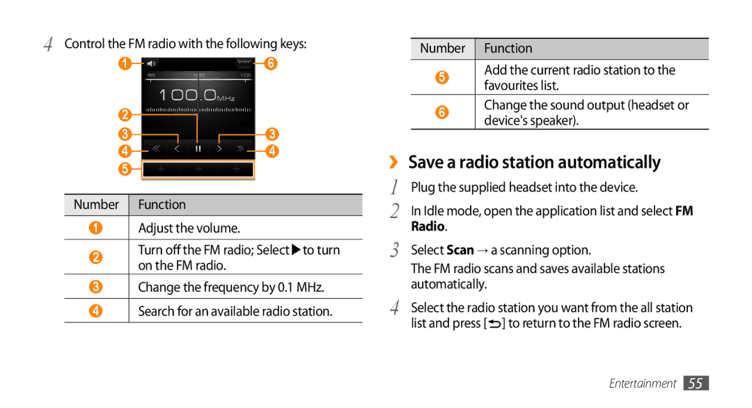 Samsung GT-I5500 user manual ›› Save a radio station automatically, Control the FM radio with the following keys 