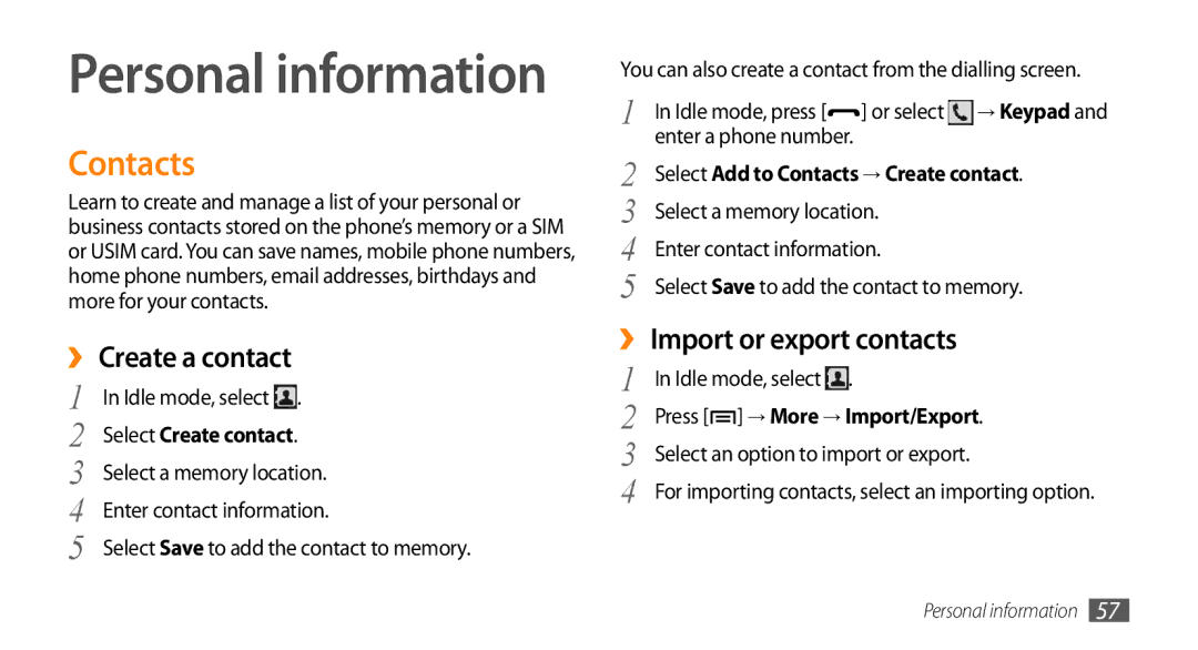 Samsung GT-I5500 user manual Contacts, ›› Create a contact, ›› Import or export contacts 