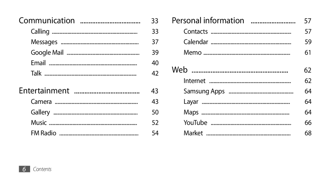 Samsung GT-I5500 user manual Communication Personal information, Web, Entertainment 