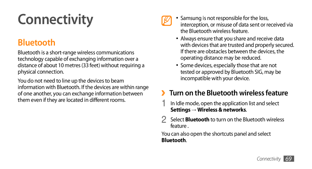 Samsung GT-I5500 user manual Connectivity, Bluetooth, Settings → Wireless & networks, Feature 