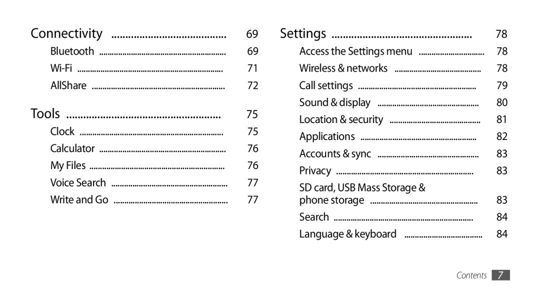 Samsung GT-I5500 user manual Connectivity, Tools, Settings 