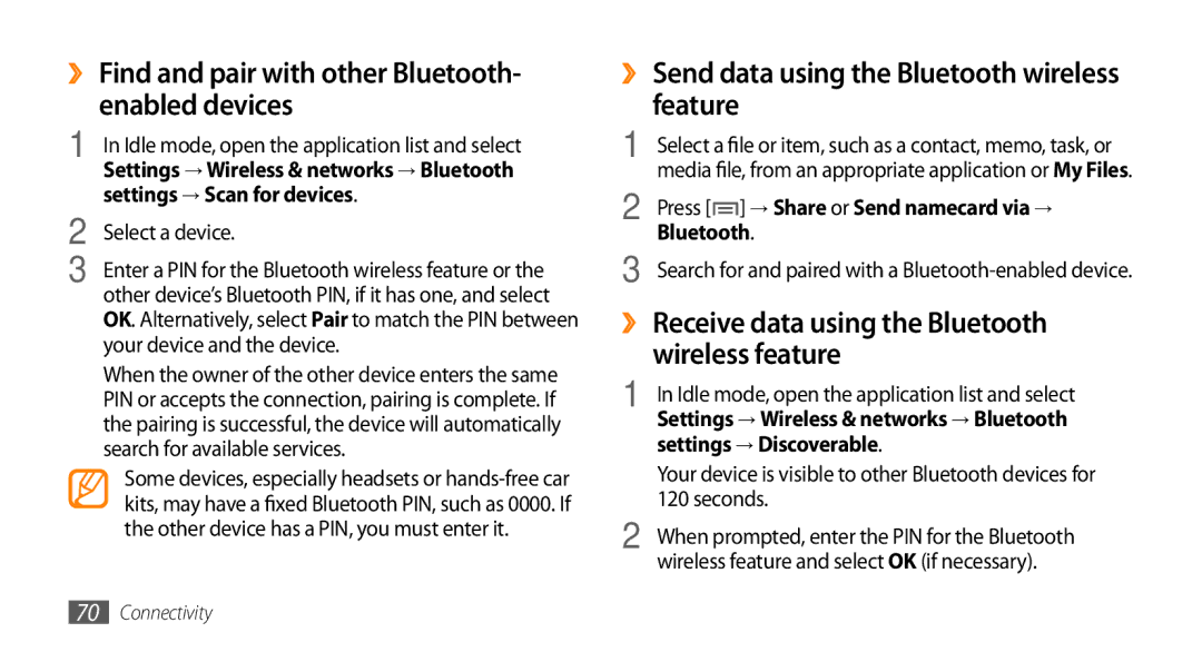 Samsung GT-I5500 ›› Find and pair with other Bluetooth- enabled devices, ›› Send data using the Bluetooth wireless feature 