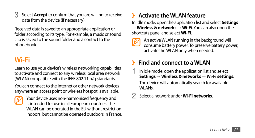 Samsung GT-I5500 user manual Wi-Fi, ›› Activate the Wlan feature, ›› Find and connect to a Wlan, WLANs 