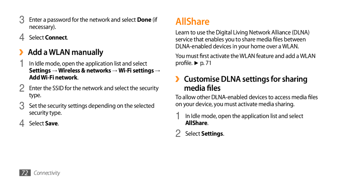 Samsung GT-I5500 AllShare, ›› Add a Wlan manually, ›› Customise Dlna settings for sharing Media files, Add Wi-Fi network 