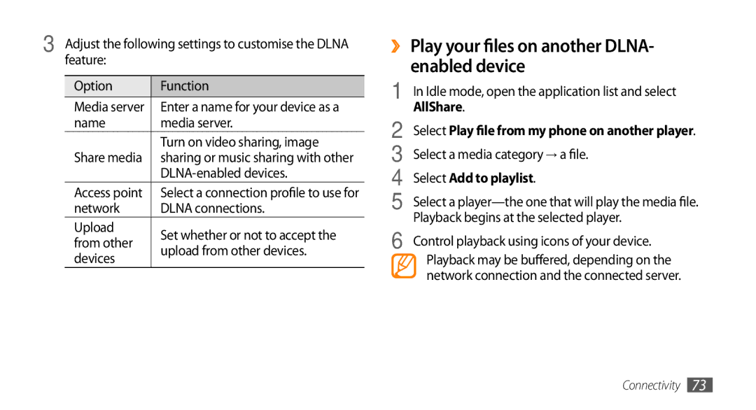 Samsung GT-I5500 user manual ›› Play your files on another DLNA- enabled device, Select Add to playlist 