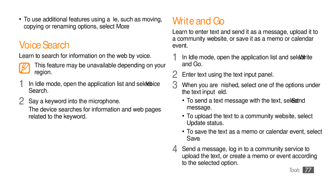 Samsung GT-I5500 user manual Voice Search, Write and Go 