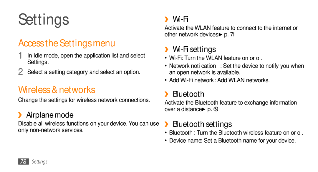 Samsung GT-I5500 user manual Access the Settings menu, Wireless & networks 