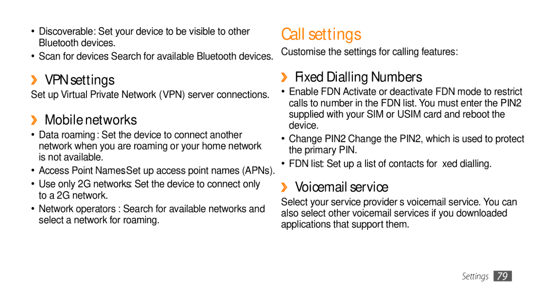 Samsung GT-I5500 Call settings, ›› VPN settings, ›› Mobile networks, ›› Fixed Dialling Numbers, ›› Voicemail service 