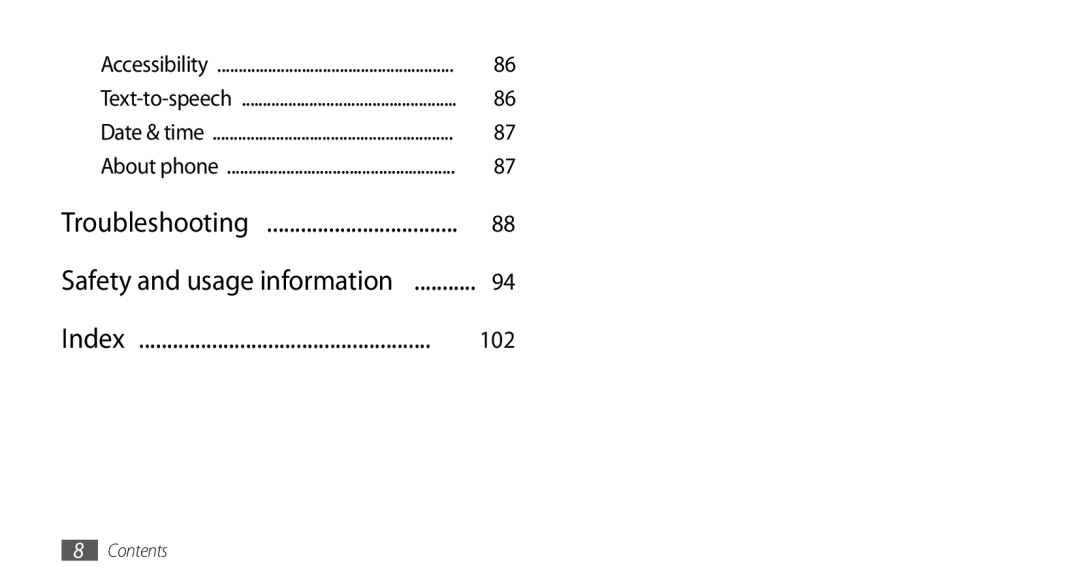 Samsung GT-I5500 user manual Troubleshooting Safety and usage information Index 