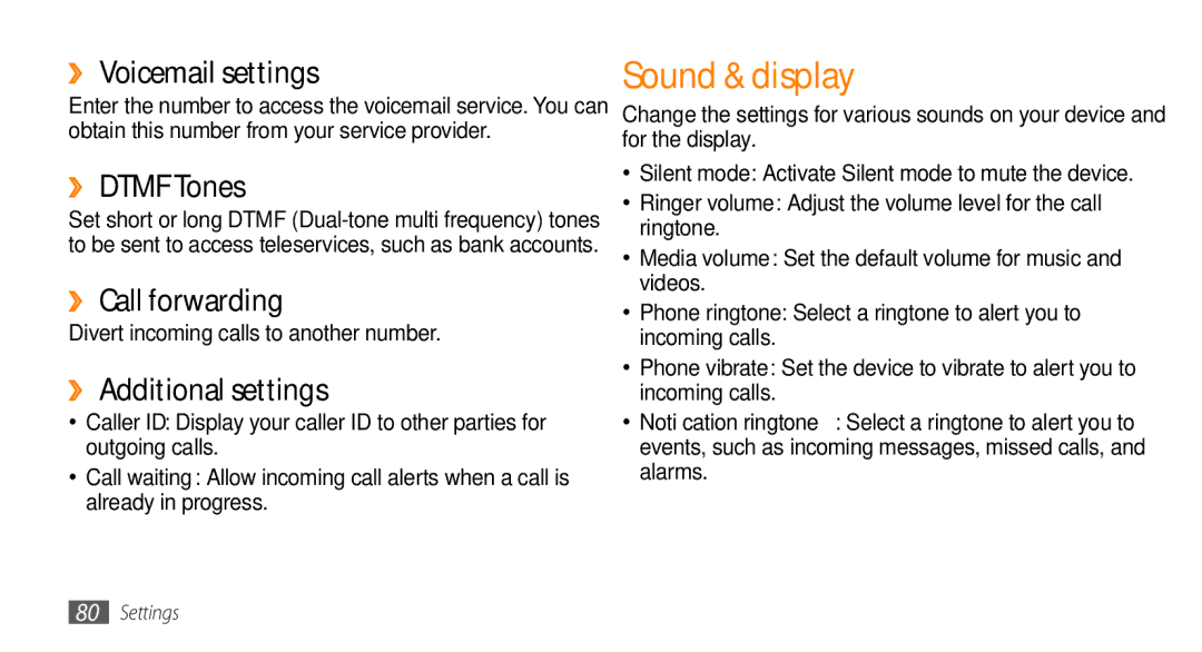 Samsung GT-I5500 Sound & display, ›› Voicemail settings, ›› Dtmf Tones, ›› Call forwarding, ›› Additional settings 