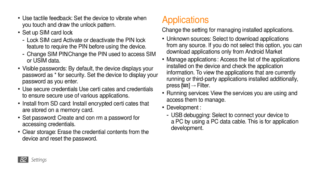 Samsung GT-I5500 user manual Applications, Set up SIM card lock, Development 