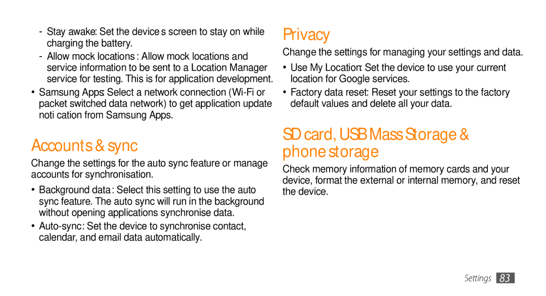 Samsung GT-I5500 user manual Accounts & sync, Privacy 