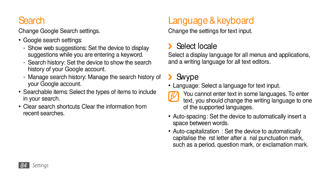 Samsung GT-I5500 user manual Search, Language & keyboard, ›› Select locale, ›› Swype, Google search settings 