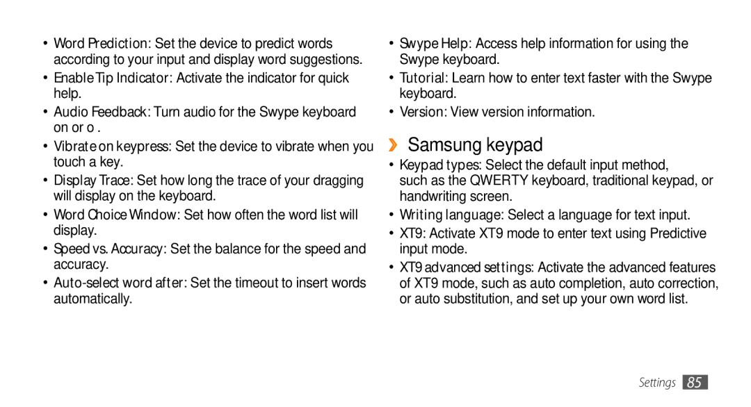 Samsung GT-I5500 user manual ›› Samsung keypad, Enable Tip Indicator Activate the indicator for quick help 