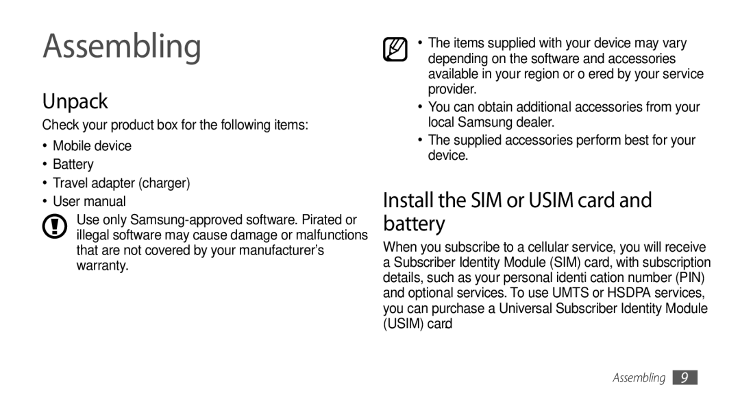 Samsung GT-I5500 user manual Assembling, Unpack, Install the SIM or Usim card and battery 