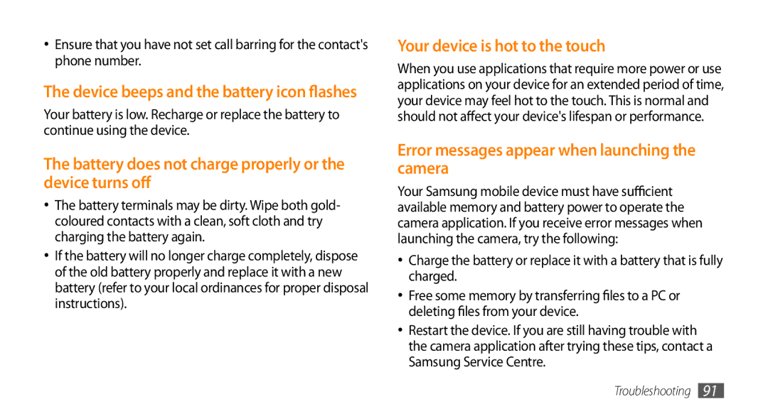 Samsung GT-I5500 user manual Battery does not charge properly or the device turns off, Your device is hot to the touch 