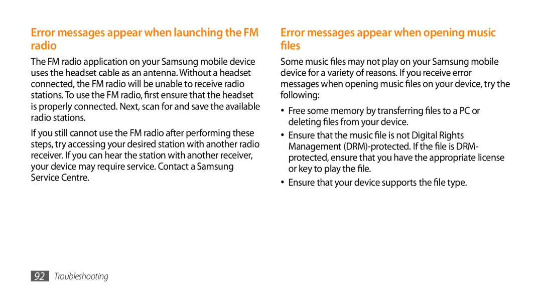 Samsung GT-I5500 Error messages appear when launching the FM radio, Error messages appear when opening music files 