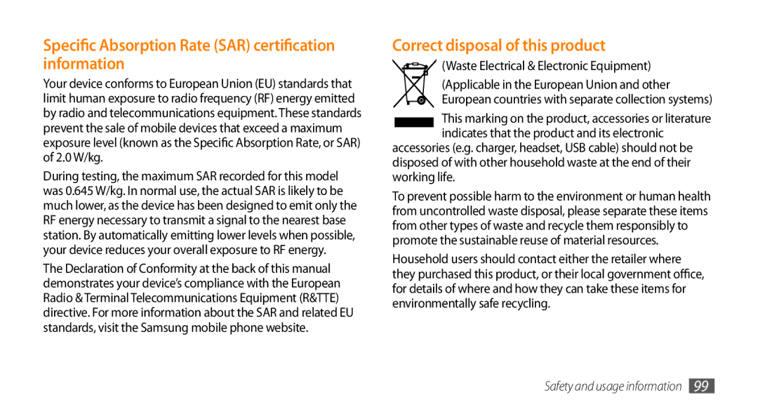 Samsung GT-I5500 user manual Specific Absorption Rate SAR certification information, Correct disposal of this product 