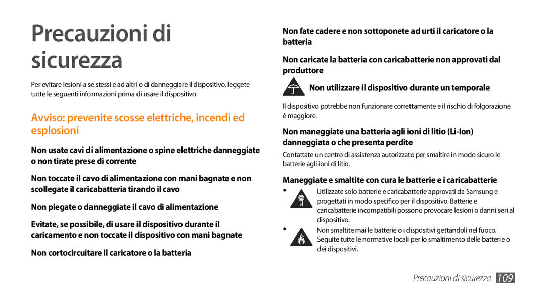 Samsung GT-I5500CWBTIM, GT-I5500CWATIM Precauzioni di sicurezza, Avviso prevenite scosse elettriche, incendi ed esplosioni 