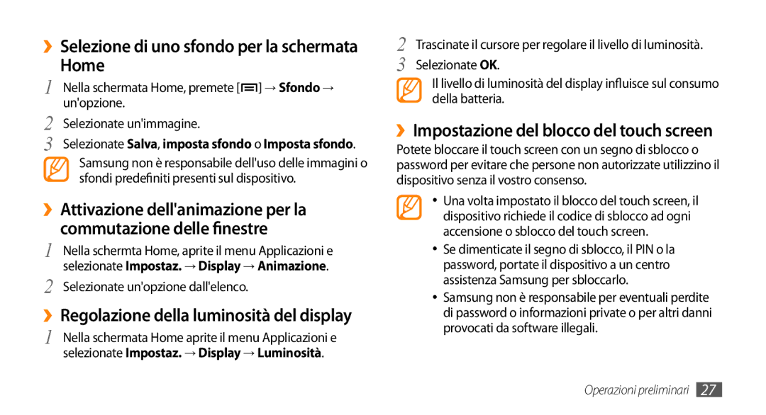 Samsung GT-I5500YKAITV manual ››Selezione di uno sfondo per la schermata, ››Regolazione della luminosità del display 