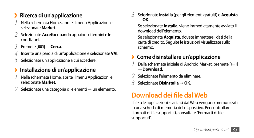 Samsung GT-I5500CWAITV manual Download dei file dal Web, ››Ricerca di unapplicazione, ››Installazione di unapplicazione 