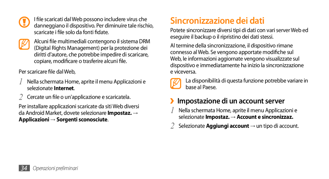 Samsung GT-I5500YKBTIM manual Sincronizzazione dei dati, ››Impostazione di un account server, Dal Web, Selezionate Internet 