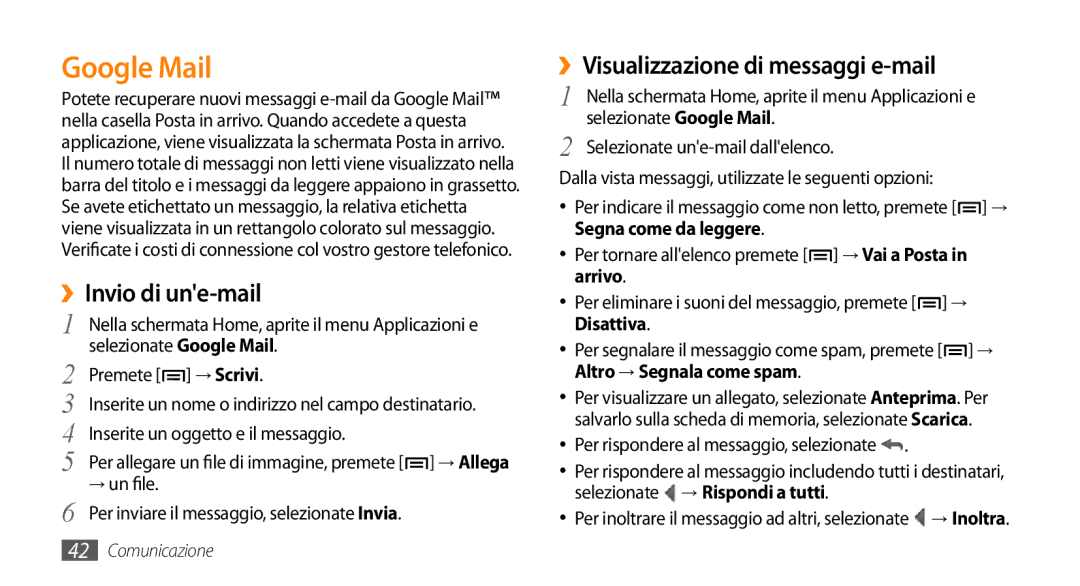 Samsung GT-I5500CWATIM, GT-I5500YKAWIN manual Google Mail, ››Invio di une-mail, ››Visualizzazione di messaggi e-mail 