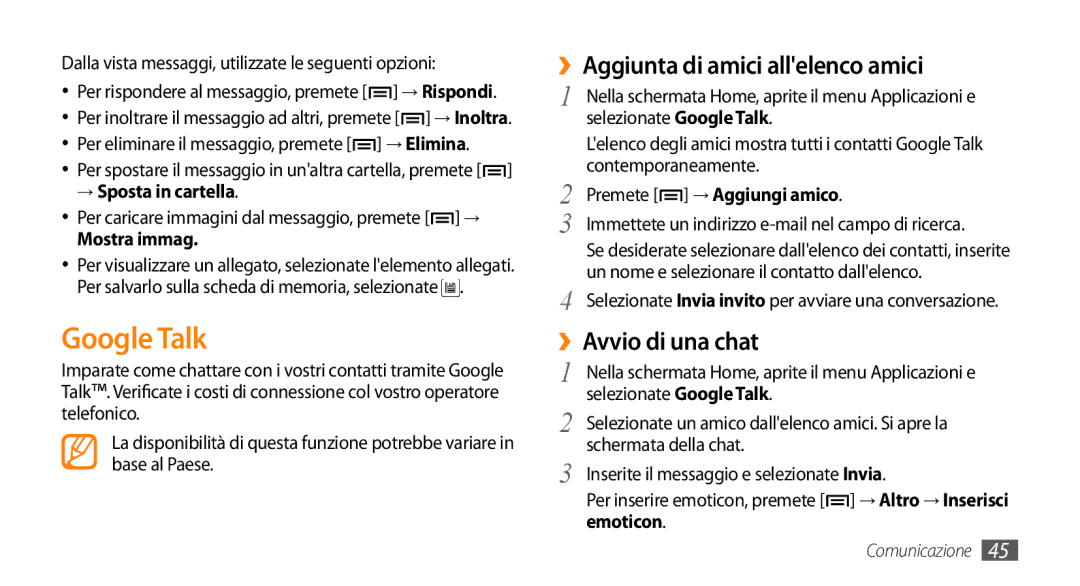 Samsung GT-I5500YKATPH, GT-I5500CWATIM manual Google Talk, ››Aggiunta di amici allelenco amici, ››Avvio di una chat 